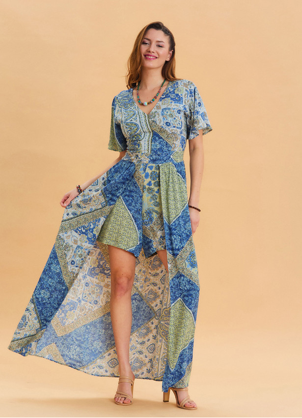 Blue Women's Ethnic Jumpsuit with Flounce Sleeves and Shorts Detail 4489